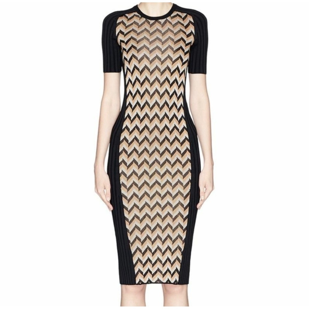 Rag & Bone Black Chevron Knit Bodycon Midi Dress Short Sleeve Gold Zipper Medium
